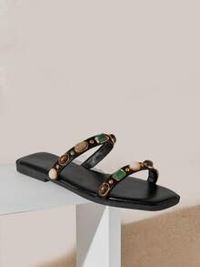 SHUZIA Women's Minimalist Comfortable, Durable, Double Band Slip-On Flat Sandals With Metal Ornaments - Black - View 8