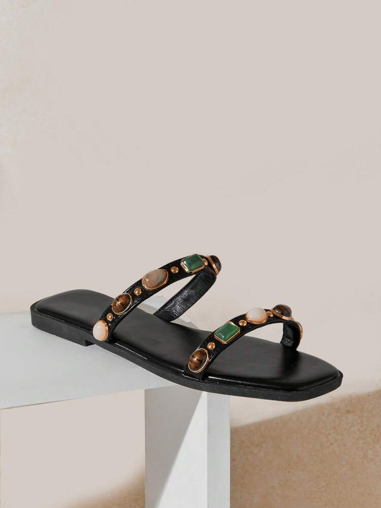 SHUZIA Sandálias Planas Minimalistas, Confortáveis e Duráveis com Tiras Duplas e Ornamentos Metálicos para Mulheres - Preto - Visão 8