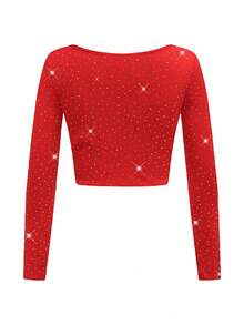 Y2Kool BiGraphic Red Rhinestone Embellished Y2K Streetwear Cropped Long Sleeve Top, Suitable For Autumn/Winter Parties, Gatherings And Daily Wear Glittery Crop Top Bling Crop Top Red Rave Crop Top Black Sparkly Crop Top Stylish Clothing Collection New Year Outfits Rhinestone Top Rave Top Glittery Top Sparkly Top Bling Top Gyaru Graphic Tops - Red - View 5