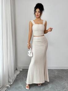 Elenzga Bộ đồ 2 mảnh thanh lịch dành cho nữ: Áo xếp ly không tay và chân váy, chất liệu vải có họa tiết, trang phục thường ngày/nghỉ dưỡng, mùa xuân/hè. - Màu be - Xem 6