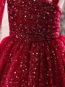 Glamorique Kids Girls' Burgundy Tulle Puff Skirt Dress With Silver Polka Dots, Spaghetti Strap, Shawl, Christmas, Halloween, Children's Day, Party, Birthday, High-End Dress - Burgundy - View 6