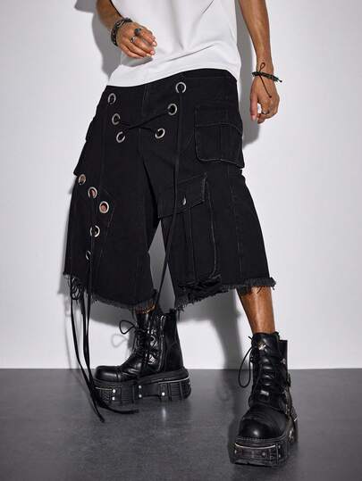 Street Life Men's Punk Street Style Distressed Loose Low Waist Cargo Shorts