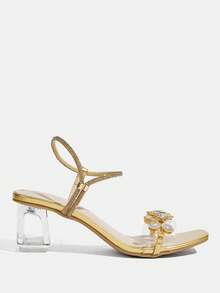 CUCCOO TILAWA Women's Rhinestone Embellished Square Toe Chunky Heel Sandals - Gold - View 2