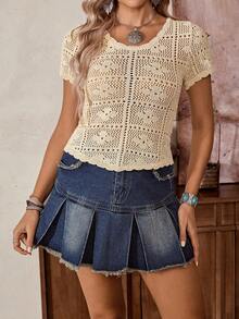 LanaWest Women's Casual Western Hollow Floral Knit Sweater Top - Apricot - View 6