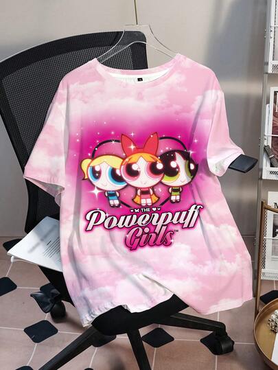THE POWERPUFF GIRLS X SHEIN 大码女装夏季休闲时尚街头可爱字母图案及花朵、泡泡、毛茛花图案宽松落肩短袖T恤