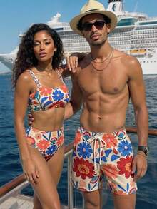 Manfinity Swimmode Herrshorts med blommönster och dragsko i midjan, sommar, avslappnade strandshorts - Blå - Visa 1