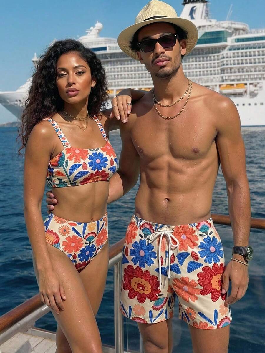 Manfinity Swimmode Herrshorts med blommönster och dragsko i midjan, sommar, avslappnade strandshorts - Blå - Visa 1