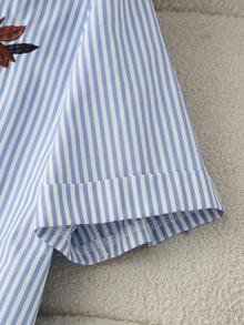 Franclia Blue And White Striped Embroidered Floral Shirt Without Belt. Suitable For Various Occasions Including Commuting, Vacations, And More. - Blue and White - View 3