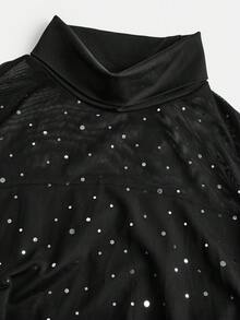 SHEIN 少女黑色高领宽松腰身修身褶皱半身裙，休闲优雅复古百搭叠穿长袖迷你连衣裙，适合冬季圣诞派对穿着 - 黑色 - 查看 3