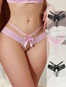 Crystal Vow 3pcs Lace Patchwork Bow Tie Crotchless Sexy Panties - Multicolor - View 1