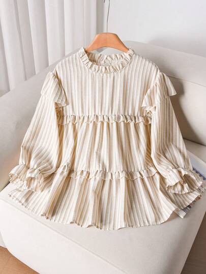 CosyJoli Randig blus i plusstorlek för kvinnor, skjorta i plusstorlek för kvinnor, blus med 3/4-ärmar och volangkant, söta ytterkläder