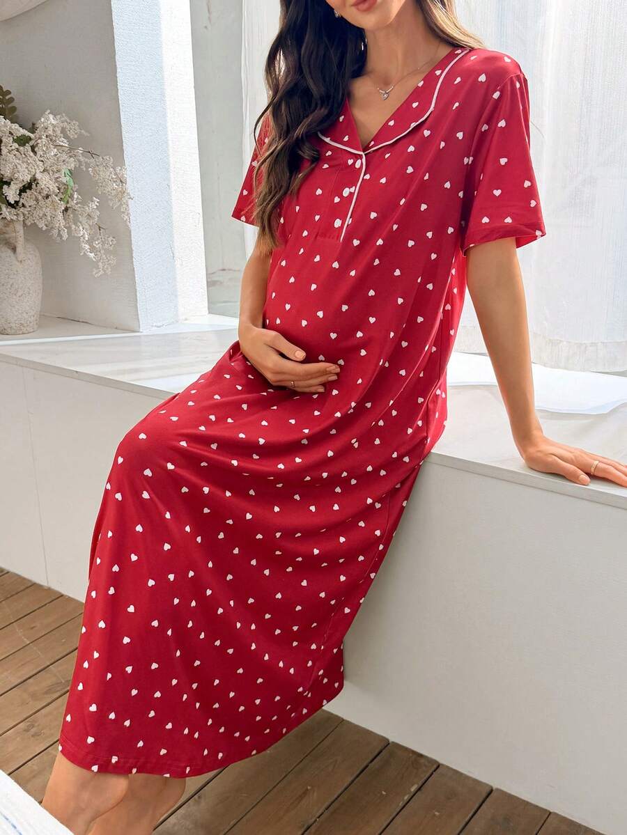 Moonlight&Mama Heart Print Snap-Front Maternity Nursing Nightgown With Short Sleeves - Burgundy - View 1