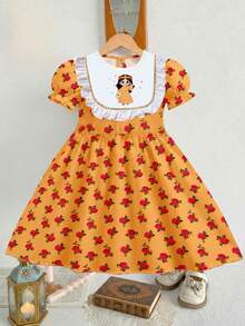 SHEIN Young Girl Elegant Red Rosewood Rose Print Dress,Cartoon Princess Pattern,Puff Sleeve Ruffle Hem,Orange,Autumn,Fairy,Party,Spring/Summer Casual Wear - White - View 3