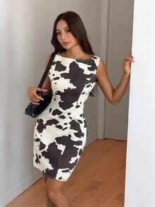 Muchica Women's Cow Print Crew Neck Sleeveless Denim Dress - Multicolor - View 6