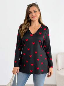 SHEIN Essnce Áo thun dài tay cổ chữ V xẻ cao màu đen in hình trái tim, chất liệu co giãn thoải mái, dành cho nữ, thích hợp mặc hàng ngày, mùa xuân và thu, thời trang thường ngày. - màu đen - Xem 5