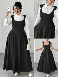 Elenzga 大码女士优雅黑色系带吊带纹理面料背带裙，搭配酒红色优雅大码女士套装，适合办公室通勤、春夏毕业典礼、节日、情人节、音乐节、母亲节、万圣节、感恩节、复活节、国庆节、舞会、约会派对、婚礼季、户外郊游等场合。 - 黑色 - 查看 1