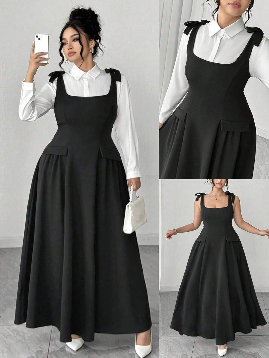 Elenzga 大码女士优雅黑色系带吊带纹理面料背带裙,搭配酒红色优雅大码女士套装,适合办公室通勤、春夏毕业典礼、节日、情人节、音乐节、母亲节、万圣节、感恩节、复活节、国庆节、舞会、约会派对、婚礼季、户外郊游等场合。 - 黑色 - 查看 1