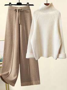 SHEIN PETITE 2pcs Women Knit Sweater Set, Apricot Color Ribbed Knit Pullover Sweater And Pants, Casual Minimalist Style