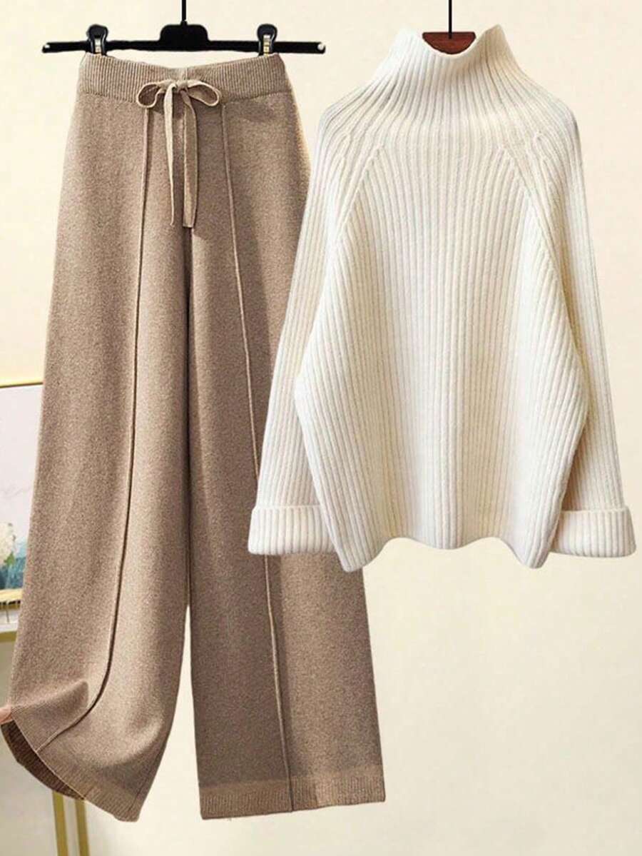 SHEIN PETITE 2pcs Women Knit Sweater Set, Apricot Color Ribbed Knit Pullover Sweater And Pants, Casual Minimalist Style