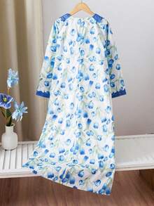 Tween Girl Floral Print V-Neck Lace Patchwork Long Sleeve Dress - Blue - View 2