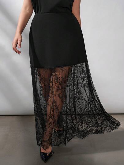 Chikora Plus Size Women's Fashion Casual Lace Patchwork Long Skirt