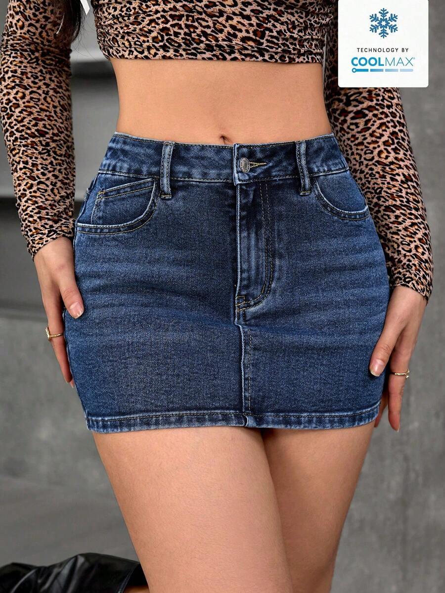 SHEIN PETITE Slim Fit Casual Denim Skirt With Belt Loops - Dark Wash - View 1