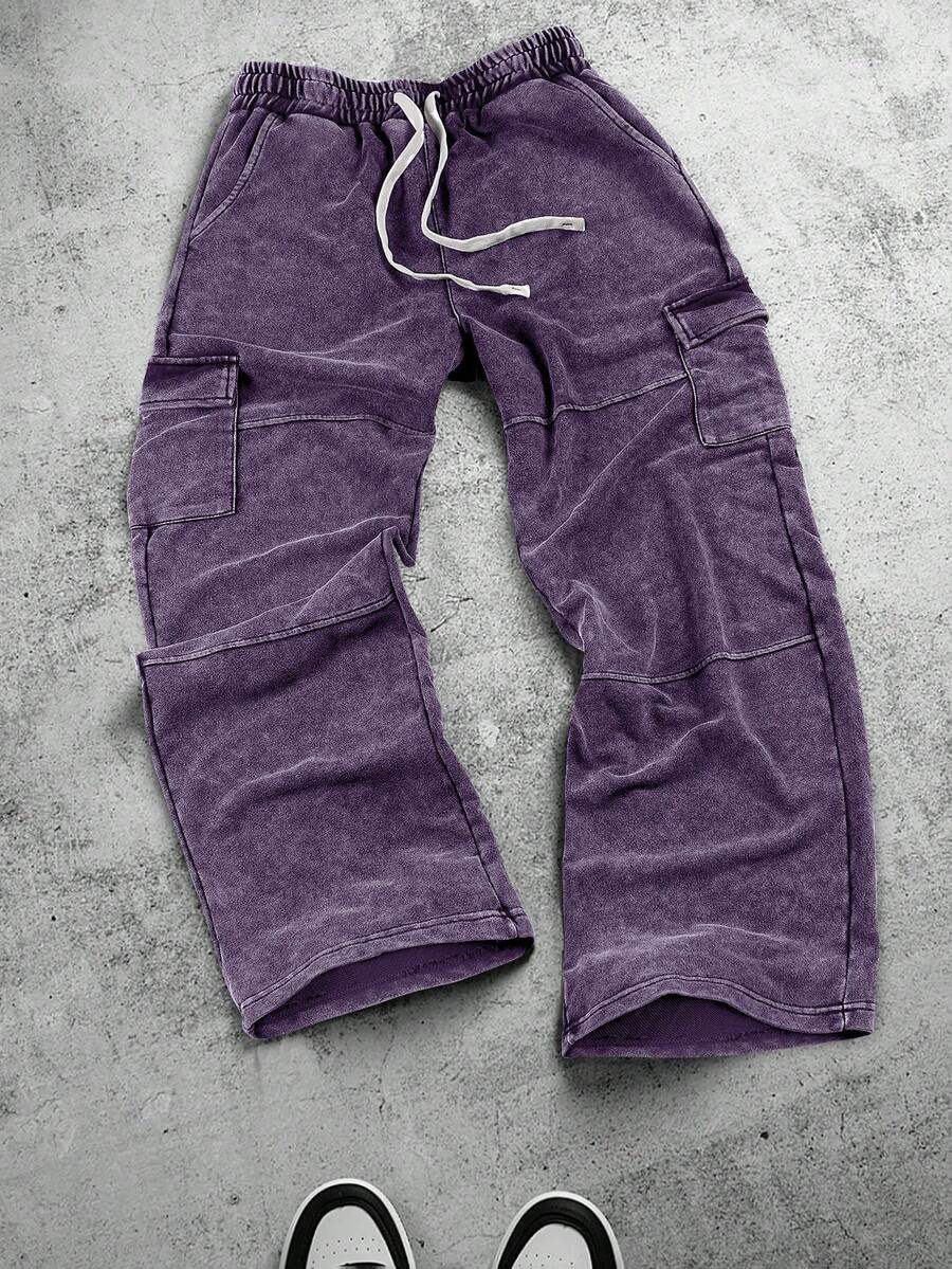PAVTROS 男士休闲水洗工装运动裤，黑色抽绳腰带，黑色工装牛仔裤，男士宽松工装裤，宽松版型工装裤，男士水洗黑色工装裤，男士黑色工装裤，宽松工装休闲裤，宽松裤，运动裤，慢跑裤，宽松 - 紫色 - 查看 1