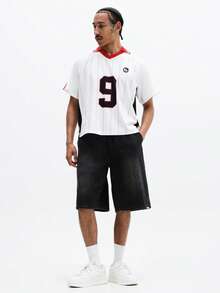 SUMWON Men Pinstripe Short Sleeve V-Neck Collar Polo Shirt With Number Nine Print Regular Fit Classic Casual Summer Top - White - View 3