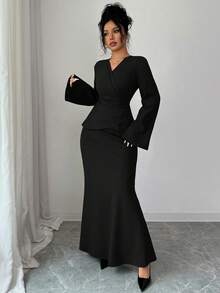 SHEIN Elenzya Women's Elegant Long Red Dress, New Year Dress, New Year Outfit, Thanksgiving Outfit, Elegant Party Dress, Long Party Dress, Wedding Guest Dress, Fashion Wedding Evening Gown - Black - View 7
