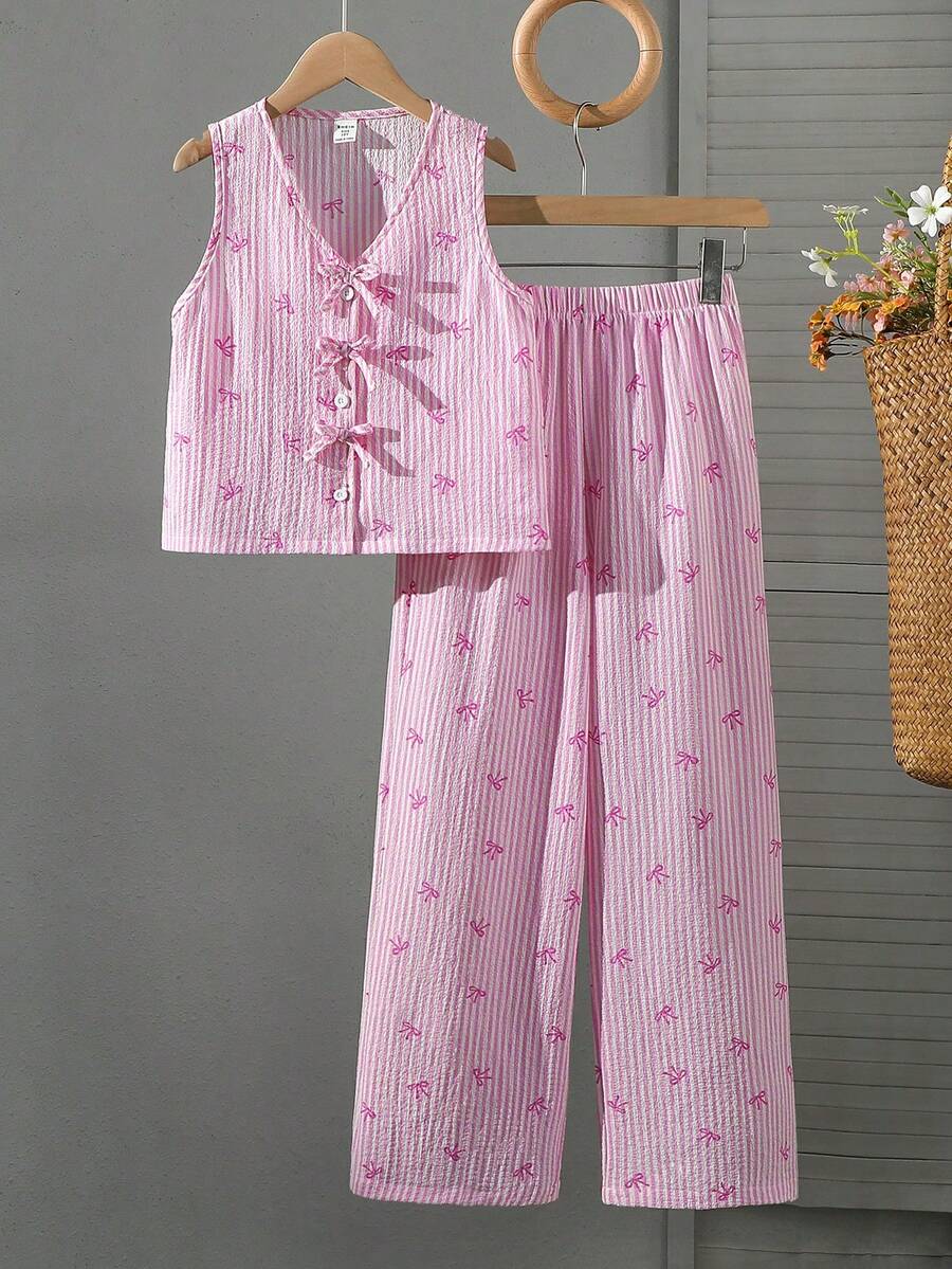 Tween Girls' Spring/Summer Vacation Beach Countryside Sweet Bow Striped Cardigan Sleeveless Crop Top + Loose Straight Pants Woven Vest Set - Pink - View 1
