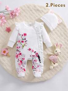 SHEIN Bộ đồ liền thân mềm mại cho bé gái sơ sinh cổ tròn tay dài xếp nếp họa tiết chim hoa, mùa thu/đông - trắng - Xem 1