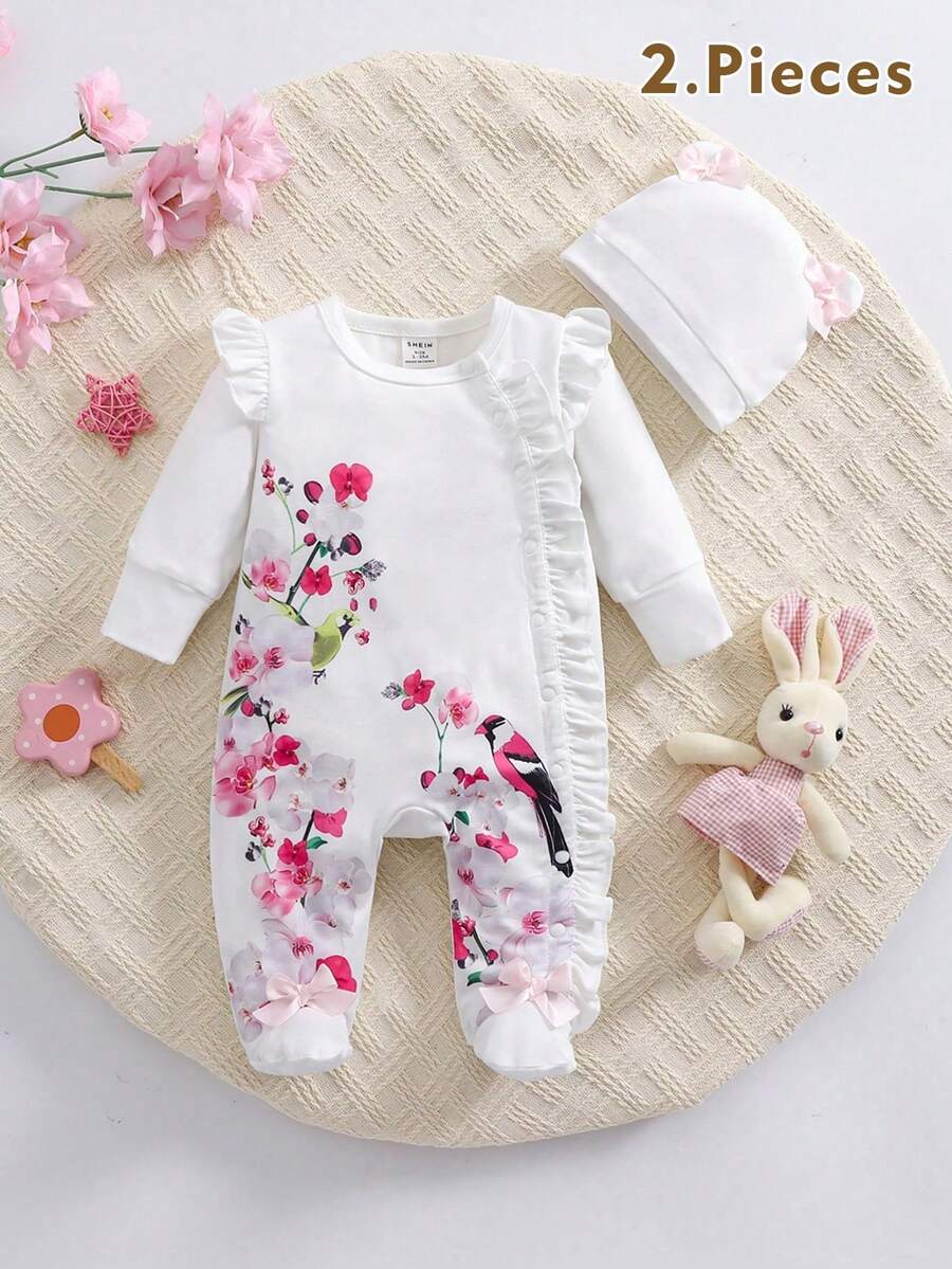 SHEIN Bộ đồ liền thân mềm mại cho bé gái sơ sinh cổ tròn tay dài xếp nếp họa tiết chim hoa, mùa thu/đông - trắng - Xem 1