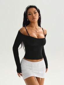 Dewbera 女士时尚优雅休闲健身跑步肩带设计长袖修身瑜伽运动上衣，春秋季 - 黑色 - 查看 7