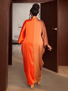 Maweii 大码女式性感不对称褶皱前片加大袖宽松撞色闪亮优雅连衣裙，适合春夏度假穿着，棕色连衣裙 - 彩色 - 查看 3