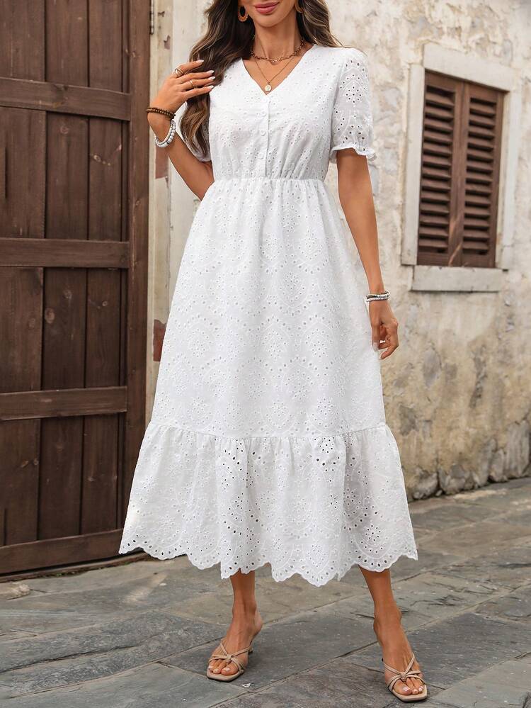 Plus Size Women's Summer Casual Vacation Country Embroidered Ruched V-Neck Casual Party White Long Dress,Suitable For Summer Vacation,Casual Holiday Style,Summer Outfits For Women ,Vacation Outfits Women ,Holiday Outfits For Women,Going Out Outfits, New Clothes,Simple And Fashionable For Everyday Wear,Suitable For Summer, Vacation, Daily Wear, Festival Outfits For Women,Country Concert Outfit,Beach Outfits For Women,Western Style,Flowy Dress,Boho Dress