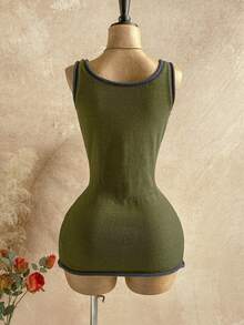 Soleia Women's Casual Vacation Style Star Pattern Trim Sweetheart Neck Fitted Sweater Dress, Without Belt - Green - View 2