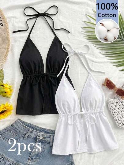 Soleia 2pcs Women's 100% Cotton Black White Sexy Backless Textured Halter Top, Music Festival Vacation Holiday Date Afternoon Tea Bohemian Island Girl Vintage Seaside Romantic Vacay Vibes Spring Break Date Night Valentine's Day Cute Home Soft Girl Clean Girl Spring