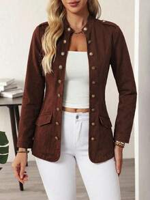 EMERY ROSE Plus Size Women's Long Sleeve Single-Breasted Casual Denim Jacket - Coffee Brown - View 7