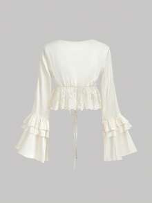 SHEIN MOD Women's Apricot Satin Lace Hem Bell Sleeve Blouse,Carnival Costumes,Valentine's Day,Tea Party ,Spring/Summer Outfits,Beach Outfits,Boho ,Elegant Outfits, White Blouse, Cream Blouse, Cream Top, Elegant Top - Apricot - View 5