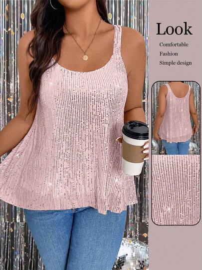 Rometta Plus Size Summer Fashion Sequin Round Neck Sleeveless Loose Tank Top For New Year Holiday Party Clothes