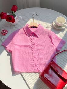 Comfortcana Pink Textured Knit Fabric Button Front Short Sleeve Shirt Button Up Top Women Shirts Summer Crop Shirt For Women Cropped Shirts Cropped Button Up - Pink - View 4