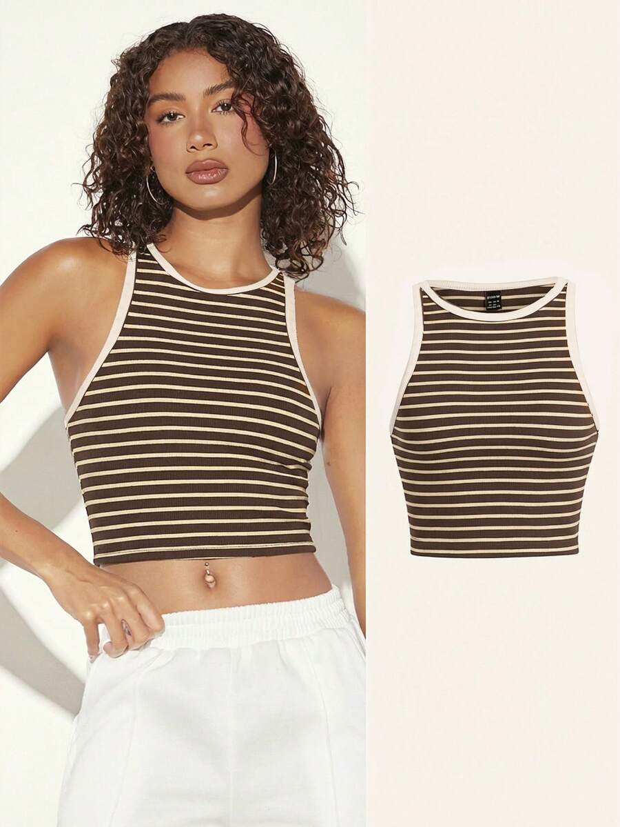 SHEIN BASICS Áo tank top nữ họa tiết kẻ sọc, kiểu dáng thường ngày, thích hợp cho mùa hè.