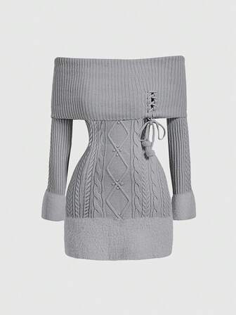 Kawaii Off-Shoulder Furball Pendant Decor Patchwork Plus Size Women Sweater Party Dress, Suitable For New Year, Valentine's Day