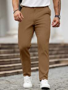 Manfinity Homme Pantalones de vestir casuales de unicolor con bolsillo para hombres - Café integral - Ver 3