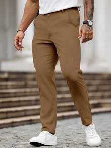 Manfinity Homme Pantalones de vestir casuales de unicolor con bolsillo para hombres - Café integral - Ver 5
