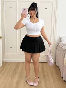 CovetEZ Plus Size Women Solid Color High Waist Casual Versatile Pleated Skirt - Black - View 5