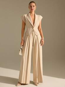 CLARA VERO Beige Sleeveless Blazer And Wide Leg Pants Set: Relaxed Tailored Fit, Perfect For Office Days Or Smart Casual Outings, Made From Soft Non-Elastic Polyester Fabric Featuring Single Covered Button Closure Pant Suit Women Pantsuit For Women Elegant Pant Suit Sleeveless Pant Suit Pant Suits For Woman - Beige - View 1