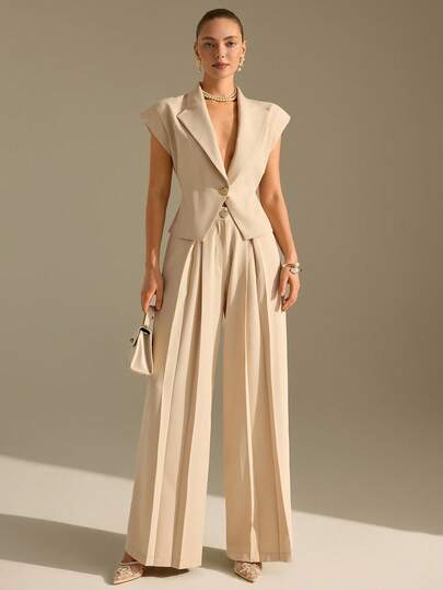 CLARA VERO Beige Sleeveless Blazer And Wide Leg Pants Set: Relaxed Tailored Fit, Perfect For Office Days Or Smart Casual Outings, Made From Soft Non-Elastic Polyester Fabric Featuring Single Covered Button Closure Pant Suit Women Pantsuit For Women Elegant Pant Suit Sleeveless Pant Suit Pant Suits For Woman
