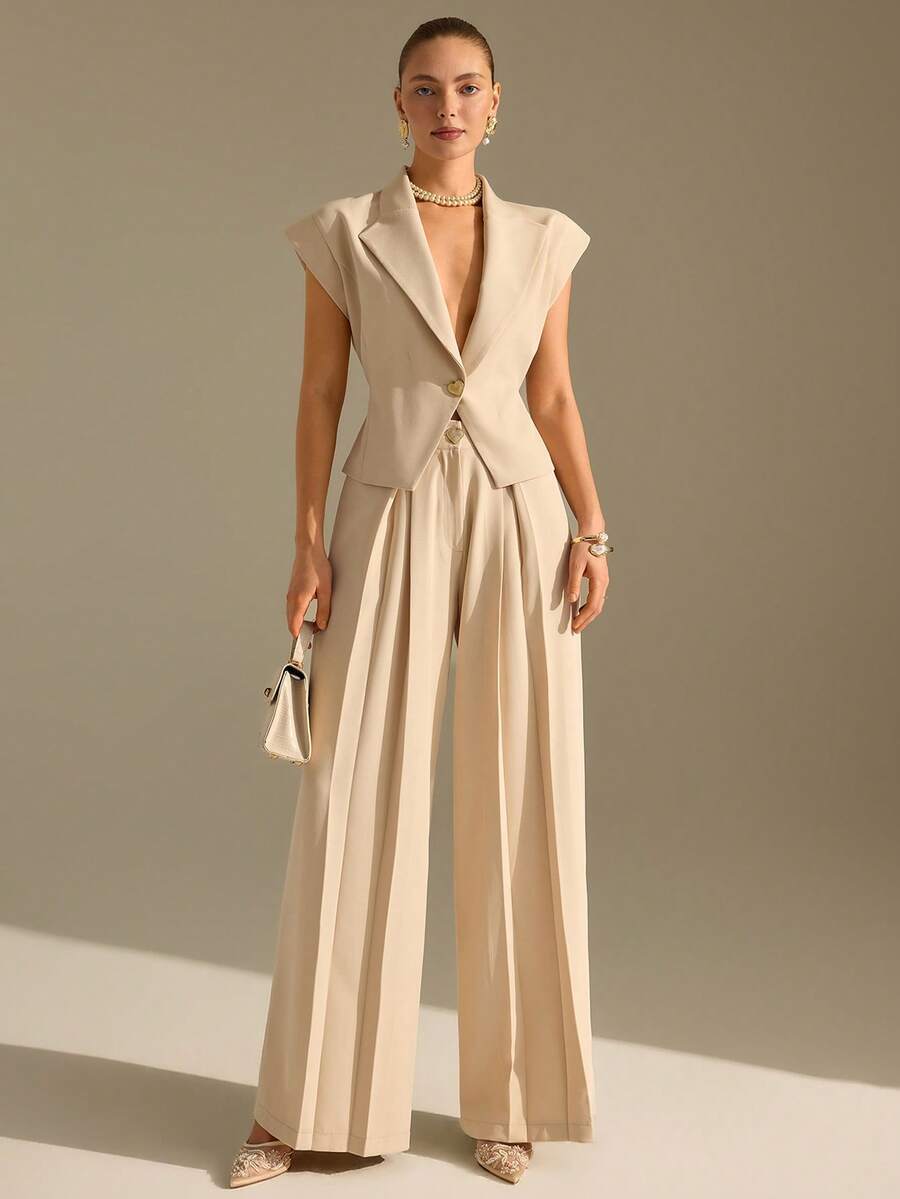 CLARA VERO Beige Sleeveless Blazer And Wide Leg Pants Set: Relaxed Tailored Fit, Perfect For Office Days Or Smart Casual Outings, Made From Soft Non-Elastic Polyester Fabric Featuring Single Covered Button Closure Pant Suit Women Pantsuit For Women Elegant Pant Suit Sleeveless Pant Suit Pant Suits For Woman - Beige - View 1