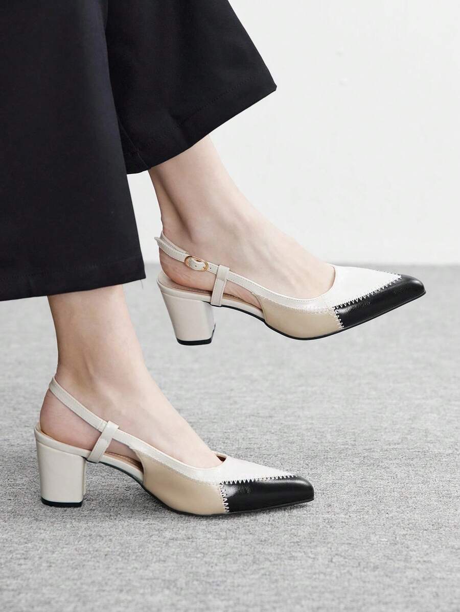 CUCCOO BIZCHIC Giày nữ thời trang mũi nhọn phối nhiều màu, đế chunky, cao gót, quai sau có khóa cài, giày cao gót nữ đa năng dùng hàng ngày, đi làm. - trắng - Xem 1